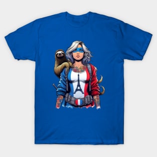 Francais: Female 90's Comic Book Hero with Sloth T-Shirt